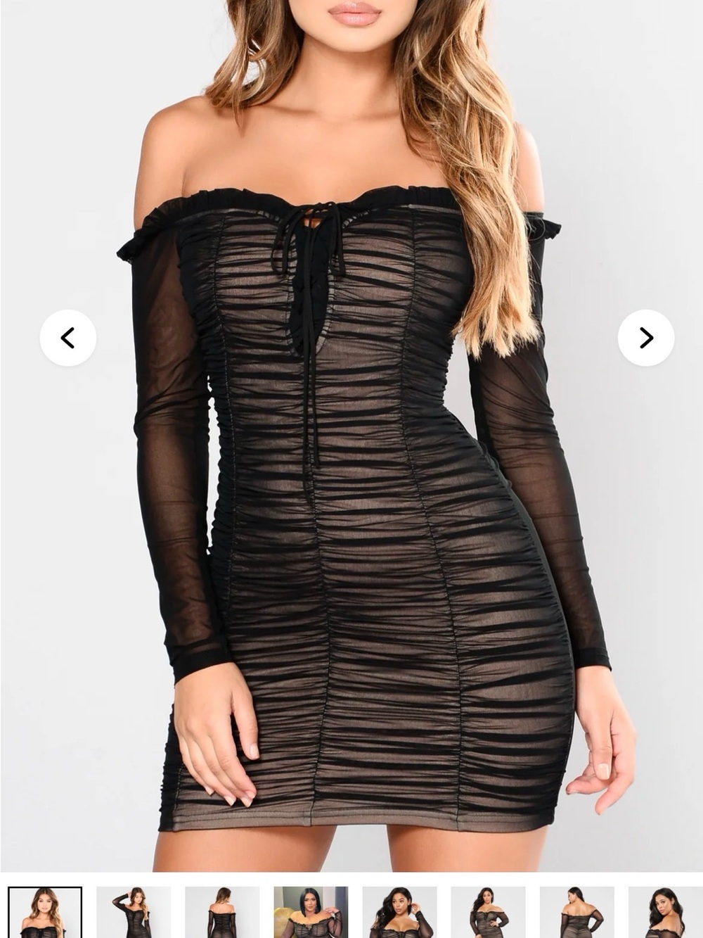 Fashion Nova Black Off-Shoulder Ruched Mesh Mini Dress